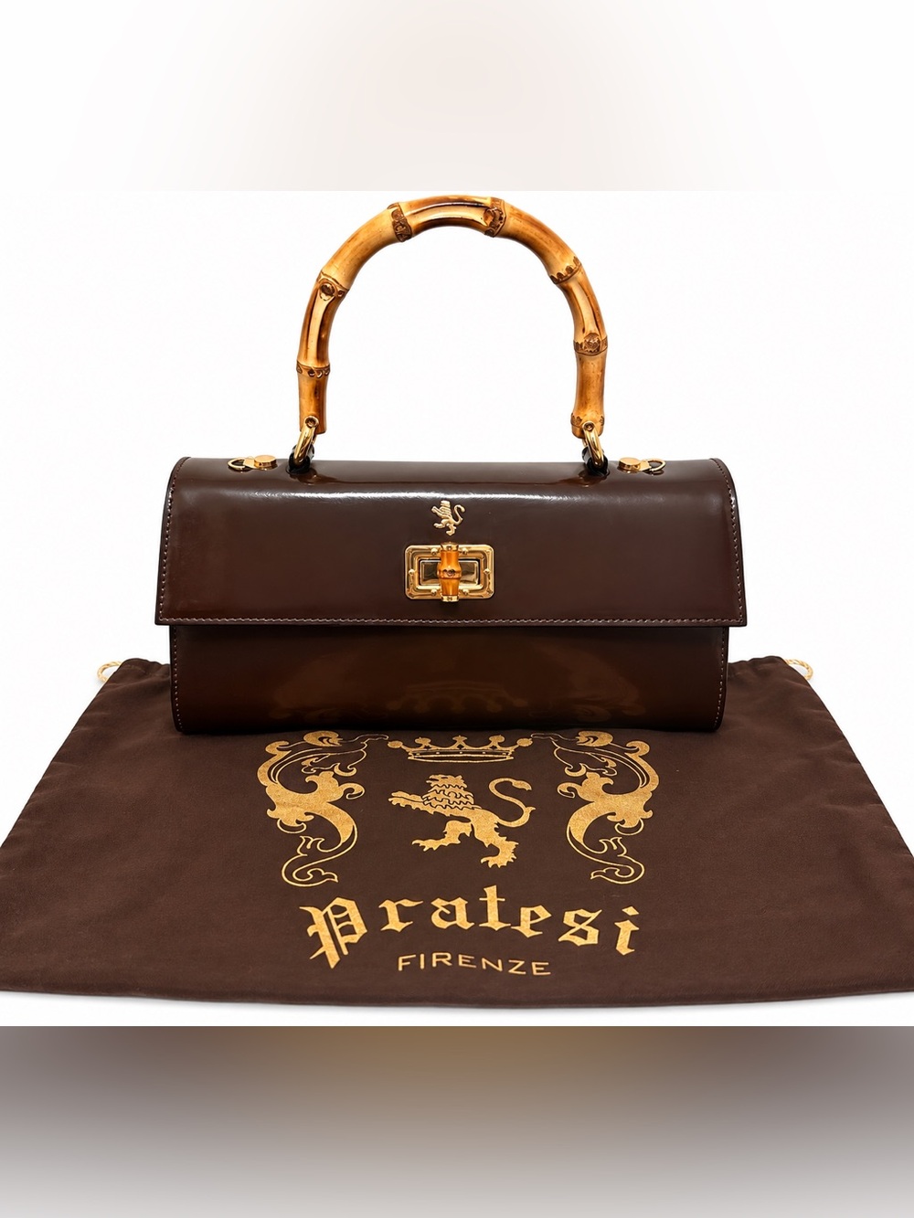 Pratesi Firenze Chocolate Brown Italian Leather Bamboo Handle Bag Made in Italy
